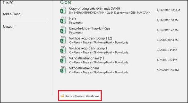 Khôi phục file Excel chưa lưu