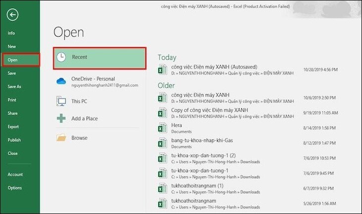 Khôi phục file Excel chưa lưu