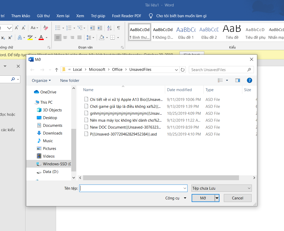 Khôi phục file Word chưa lưu